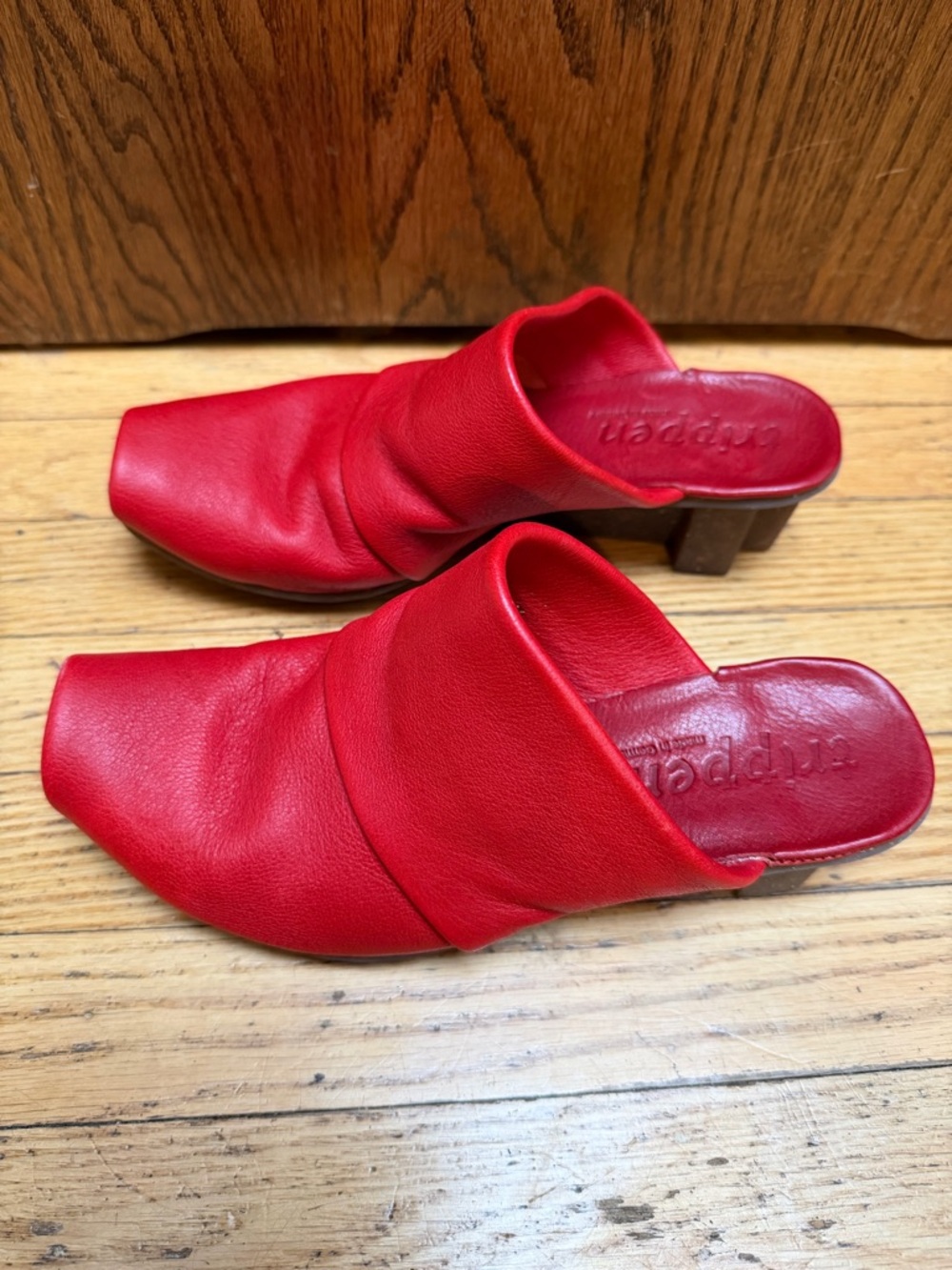 Trippen Red Leather Open Toe Mules block Heel Sz 39 8.5-9